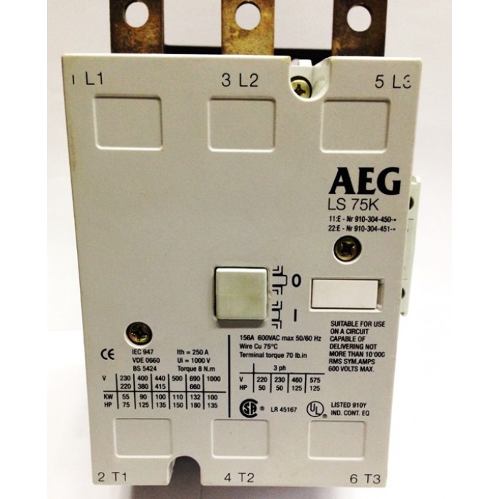 Contactor 75kW/400V, 2NO/2NC, 220-230V/277V AEG #LS75K Contactor 75kW/400V, 2NO/2NC, 220-230V/277V AEG #LS75K